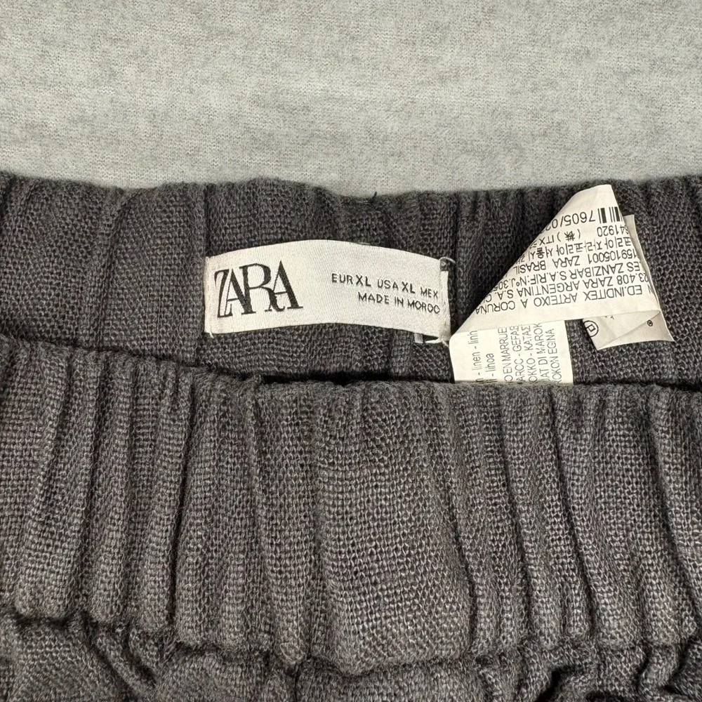 Zara Womens XL Charcoal Grey Linen Blend Elastic Waist Straight Leg Crop Pants